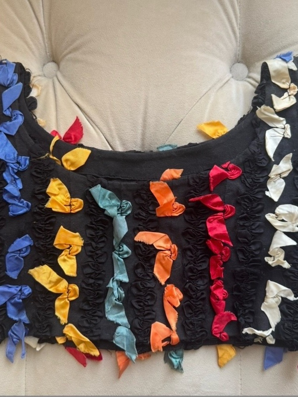 Betsey Johnson punk label Black Crop Top with Multicolor Satin Ribbons.
